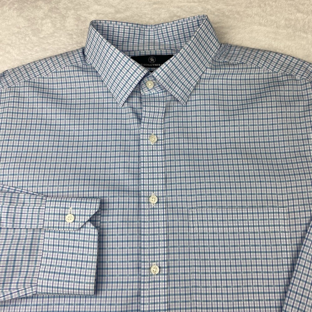 Hart Schaffner Marx Dress Shirt Mens 16-33 Blue/Teal Checks No‎ Iron